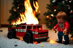 A crying toddler takes a burning car out of a LEGO box marked Land Rover next to the Christmas tree.