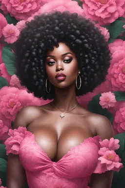 Create an chalk style image of a curvy black female wearing a pink off the shoulder blouse and she is looking down with Prominent makeup. Highly detailed tightly curly black afro. Background of large pink and black flowers surrounding her