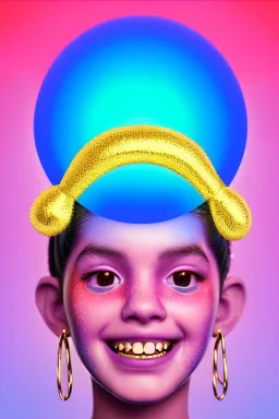 Rosalía artist, Ultra Realistic image, waist up portrait, gold teeth, black eye line, sweet smile face, pigtails hair, spray line make up, geometric, gold, big rings piercing, led ornament, bubble latex coat, inflatable, cold, led lights, geometric, neon, pink, blue, gold, vibrant color, highly detailed, art stations, concept art, smooth, unreal engine 5, god rays, ray tracing, RTX, lumen lighting, ultra detail, volumetric lighting, 3d, finely drawn, high definition, high resolution.