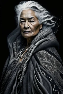 a photo of an Maori woman with ethnic jewelry, grey hair and grey flowing robe, in style of Annie Leibovitz, contemporary portrait of a mature yet beautiful and modernist woman, black and grey, detailed feminine face, swirling fluid smokey enigma, award-winning artwork