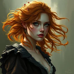 a pretty fantasy woman, loose ginger hair, young, plotting, dark fantasy art