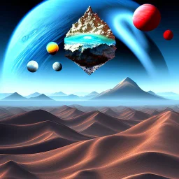 Collage art of a desert with high mountains in the background and a blue sky with the planet Neptune in Max Ernst and Yves Tanguy style