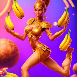 dhalsim as woman,big pile of bananas, yoga artist on a boat in the air,small hands, maze background , levitated lab equipment, 4k, Highly Detailed, Masterpiece, perfect eyes, Digital Illustration, Cinematic Lighting, Realistic, Sharp Focus, Centered, Beautifully Lit, Bioluminescent by Stanley Artgerm Lau