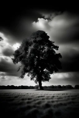 conceptual photo, art photo, illusion, fine art, death, dark cloudy sky, surrealism, black and white, distant view of a chestnut tree