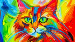 abstract portrait painting with blurred and incomprehensible details, large strokes of bright colors, an orange sun with the a cat eyes , and hair sticking out in different directions, in the bright rays of the sun