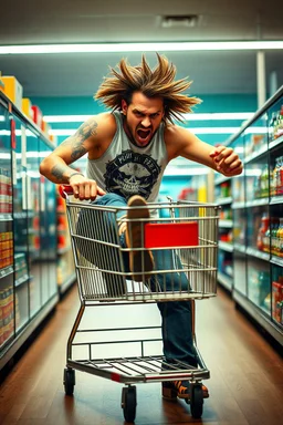 A very angry and bitter punk rocker kicking a shopping cart in a store