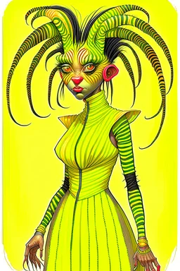 Artist Jean-Baptiste Monge style. A humanoid biomorph Zebra-Spider faced woman. Yellow eyes. A yellow striped ress, covered with spider legs.