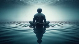 Generate a geometric photography of a character meditating under the water. Add a subtle grain texture for depth. Emphasize simplicity and tranquility, capturing the transformative essence of meditation.