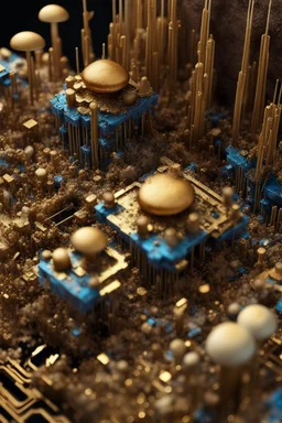 [Tilt-Shift Photography] Cobalt crystals and voltage regulators emerged, bell-like fungal caps obscuring underlying transistor arrangements. The central CPU took on the quality of a sculptural ruin beneath its shroud of rhizomorphs. Cracked chips ringed it like miniature ruins, exposed bond wires bonded in delicate gold. Mushrooms peeked from slots and etched grooves, waving as from fairy-scale windows. Fibrous roots stretched in community between blurred banks of memory and vanishing fiber opti