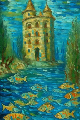 An underwater castle filled with fish painted by Vincent van Gogh