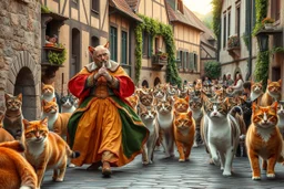 "The Cat Pied Piper of Hamelin, dressed in flowing, colorful Renaissance garments, playing a magical flute, followed by a majestic parade of cats in all sizes and colors, walking in perfect harmony along old cobblestone streets, Renaissance buildings with ivy, curious townsfolk leaning out of balconies with astonished faces, golden-hour lighting, high fantasy, highly detailed, 8K, hyper-realistic, magical realism --v 7 --ar 21:9 --style raw --q 2"