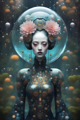 poster, Dark sci-fi, coloured flowery swamp, alien planet, tattooed albino geisha, robotic industrial elements, adorned in Gustav Klimt-inspired attire, mirror effect, octane render, surrealism, deviant art, rainny glass bubble water or elastic glass-like material, intricate Abstract Technology, energy, molecular, textures, iridescent and luminescent scales, window reflexions, corrugated iron, willowherb straggled over the heaps of rubble, biomechanical entity blending Gothic