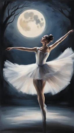 Capture the elegance of a ballet dancer performing under the moonlight. Highlight the dancer's fluid movements, the ethereal glow of the moon, and the soft shadows that enhance the beauty of the scene