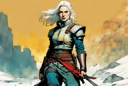 create an imaginative full body print illustration of an ethereal, otherworldly , pale female grandmaster Witcher with short flaxen hair wearing a tattered battle worn padded gambeson and boots , in the comic book art style of Bill Sienkiewicz, Mike Mignola, and Jean Giraud Moebius, with highly detailed feminine facial features , finely drawn, colored and inked,