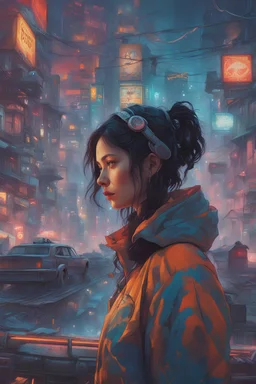 psychedelic Genius girl thinking deep thoughts cyberpunk city, hyperdetailed and highly intricate digital illustration, by Ismail Inceoglu, Gazelli, james jean, Anton Fadeev and Yoshitaka Amano, trending on artstation, vibrant colors, Black ink flow: 8k resolution photorealistic masterpiece: by Aaron Horkey and Jeremy Mann: intricately detailed fluid gouache painting, Oil splash!! Oil stained