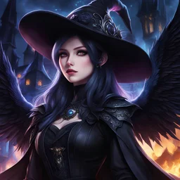 a close up of a person wearing a hat, beautiful necromancer girl, movie promotional art, supervillain sorceress witch, manga cover art, has black wings, nekro iii, ( ( ( anime ) ) ), detailed –n 9, beautiful female wicked witch, a pilgrim, gothic mansion, amalgamation of magical stars,colorful8k resolution concept art, Greg Rutkowski,SIXMOREVODKA, pastel color, Nighttime Lighting, digital illustration, 4K, Hyperdetailed, Intricate Details, 3D shading, Art of Illusion