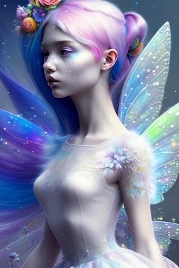 a little fairy girl, side profile, closed eyes, blue hair, colorful, watercolor splash, white dress, rainbow flowers, in the style of Camilla d'Errico, hyper detailed, beautiful, complex, trending on artstation, cryengine, national geographic photo, chiaroscuro