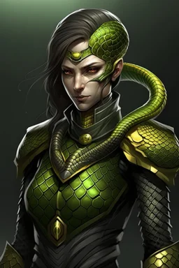 a female humanoid snake, wearing a black leather armor, green scales, yellow eyes