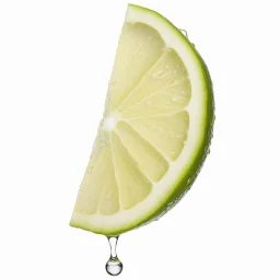 floating Lime wedge dripping a single droplet, side view photographic