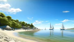 A beach scene. The sky is blue with white clouds scattered across it. The water is a light blue color and there are several sailboats on the water. On the left side is a rocky shore with some people standing on it. In the background, there are buildings and trees on the hill. The overall atmosphere is peaceful and serene.