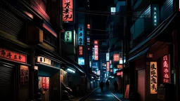 Neon-lit Tokyo streets, shadows hinting at otherworldly dangers, in a dark