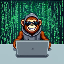 A grinning Monkey sitting in front of a laptop, hacking systems, wearing a hoodie and sunglasses. Matrix in background. Pixel Art. Profile Picture. Avatar. Pixel