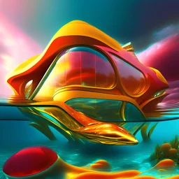 Futuristic crystal clear country house underwater Zaha Hadid style hyper-realistic detailed contrasting colors yellow red 8k