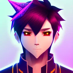 anime discord profile picture of man with short black hair with red streaks, with purple dragon horns on top of his head, looking mischievous