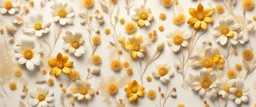 Hyper Realistic Beige-&-Yellow small-multicolor-flowers With Glowing Golden Embers On Off-White Rustic Wall Background.