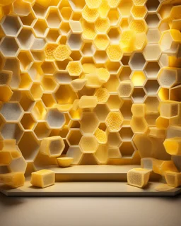 virtual photo wallpaper with honeycombs, beautiful yellow background, false windows and overhead lighting, display shelves for products