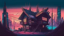 small Wooden Cabin, In cyberpunk city-skyline, comic style