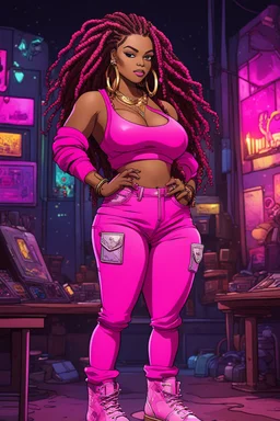 Create a comic book cartoon of a curvy African American female wearing a hot pink jean outfit with timberland boots. Prominent make up with hazel eyes. She is wearing large diamond hoop earrings. Extremely highly detailed very long dread locs hair that shines. Background of a night club.