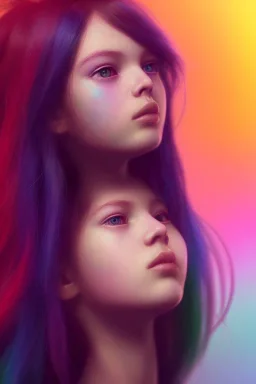 girl, cute, beautiful, long hair, rainbow hair, rainbows, close up portrait by Greg Rutkowski