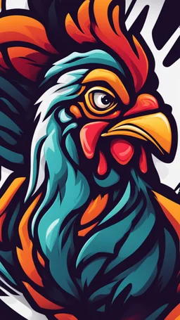 Create a bold and vibrant gaming logo featuring a chicken, with a dynamic composition, bright colors, and dynamic lighting