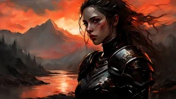 A formidable warrior girl in black armor, on the background Amazing gloomy landscape, flooded with sunset, mountains, trees, fabulous scary hero, , juicy emotions, painting, dark fantasy, gloomy day, dark world, portrait, by Alyssa Monks & Raymond Swanland & James Paick & Anna Razumovskaya