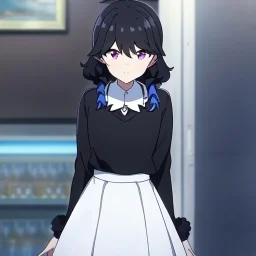 Clear focus, High resolution, short black fluffy hair, purple eyes, long spiky locks, wearing a black sweater with a white collar, long sleeved shirt, wearing a white skirt, anime screencap