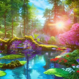 enchanted forest, blue lake,delicate flowers, cascades, full of details, smooth, bright sunshine，soft light atmosphere, light effect，vaporwave colorful, concept art, smooth, extremely sharp detail, finely tuned detail, ultra high definition, 8 k, unreal engine 5, ultra sharp focus