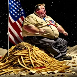 patriotic repulican super fat american eating a giant pile of fries on the moon