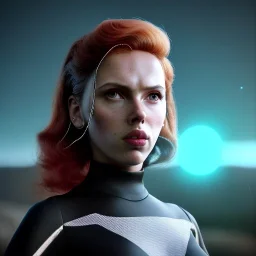 retro sci-fi portrait image from 1960, supermarket parking explosion, fire, classic black widow, young Scarlett Johansson, classic black tight lycra latex suit, retro superhero style, soft color, highly detailed, unreal engine 5, ray tracing, RTX, lumen lighting, ultra detail, volumetric lighting, 3d, finely drawn, high definition, high resolution.