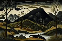 A dark grayish brown mountain with tar pits painted by Henri Rousseau