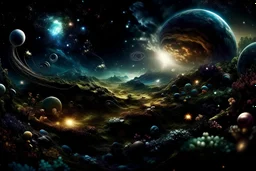 A stunning cinematic photo capturing the evolution of life, from its earliest forms to the diverse and complex organisms we see today. The image is a seamless blend of various species, showcasing the beauty and vastness of the natural world. The background is a dark, cosmic landscape, with swirling galaxies and celestial bodies, symbolizing the infinite universe. The overall atmosphere of the photo is awe-inspiring, with a sense of wonder and appreciation for life's journey., photo, cinematic
