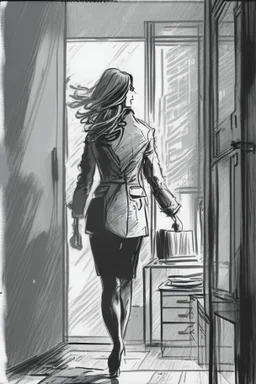 woman walking away out of someone's office with big windows sketch style