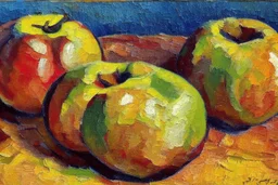 Abstract impasto oil painting of an apples on a table in the style of cezanne cezanne