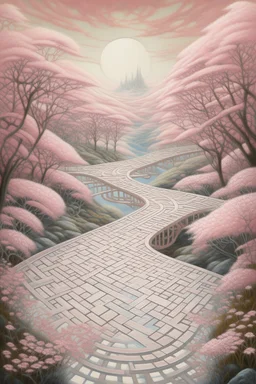 A light rosy pink mystical maze with a bridge painted by Zosan