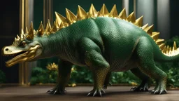 deep green, gold and black coloured stegosaurus, perfect sparkling eyes, perfect anatomy, exquisite composition, beautiful detailed intricate detailed octane render, 8k artistic photography, photorealistic, soft natural volumetric cinematic perfect light, chiaroscuro, award-winning photograph, masterpiece, raphael, caravaggio, bouguereau