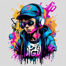 Vector t shirt art ready to print abstract color graffiti illustration of a cyberpunk boys and a basecap with text "Digi".On cap, headphone, explore, white background.