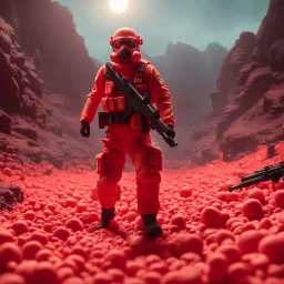 SCP-705 Militaristic Play-Doh, from SCP lore, military units and infantry, all made of red-like Play-Doh clay, infant and playful vibes, crazy lore, trending artstation HQ, masterpiece, 35mm, golden hour, cinematic lighting, art by Carl Spitzweg and Rob Zombie