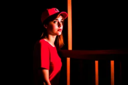 woman with a red baseball hat. leaning on a wooden balcony.night time. studio lightining.