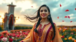 Hyper Realistic Photographic Close View Of A Beautiful Pashto Woman (With Beautiful Eyes Lips & Nose, & Long Black braid Hairstyle Whirling; Wearing Beige & Orange Gradient Frock With Maroon & Purple Stripes & white embroidery) Happily Whirling & Dancing In A Beautiful Colorful Flower Garden With Fancy Stone Arches & Rose Petals Whirling At Beautiful Cloudy Sunset Showing Dramatic & Cinematic Ambiance.