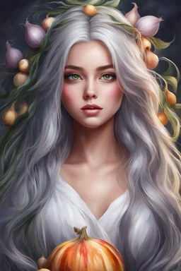 Gorgeous digital painting of a girl fully clothed full of onions, front view, pretty face, beautiful eyes, long gray hair, adorable digital painting, beautiful artwork, beautiful painting, in stunning digital paint, colorfull digital fantasy art, digital art, high quality, 4k